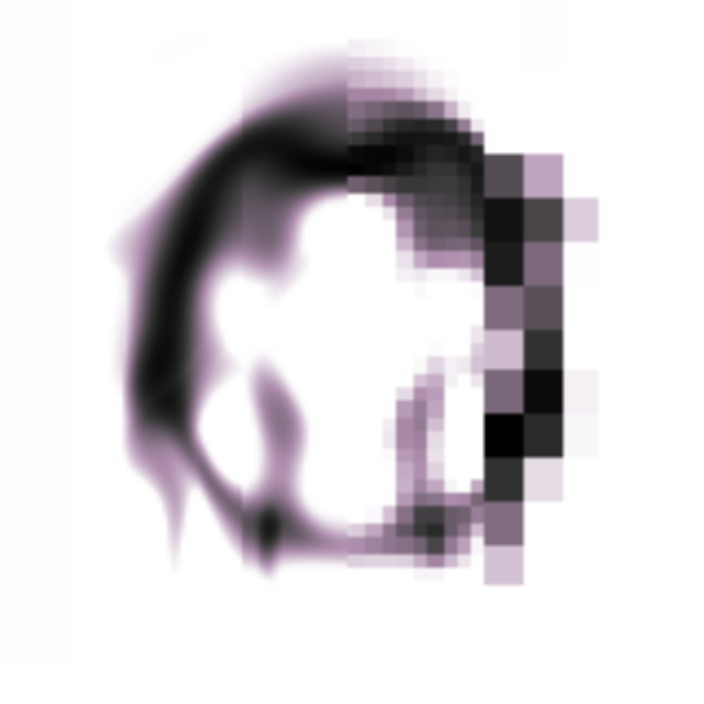 a chimera of a glaberish glider at various resolutions, from heavily pixelated to smooth.